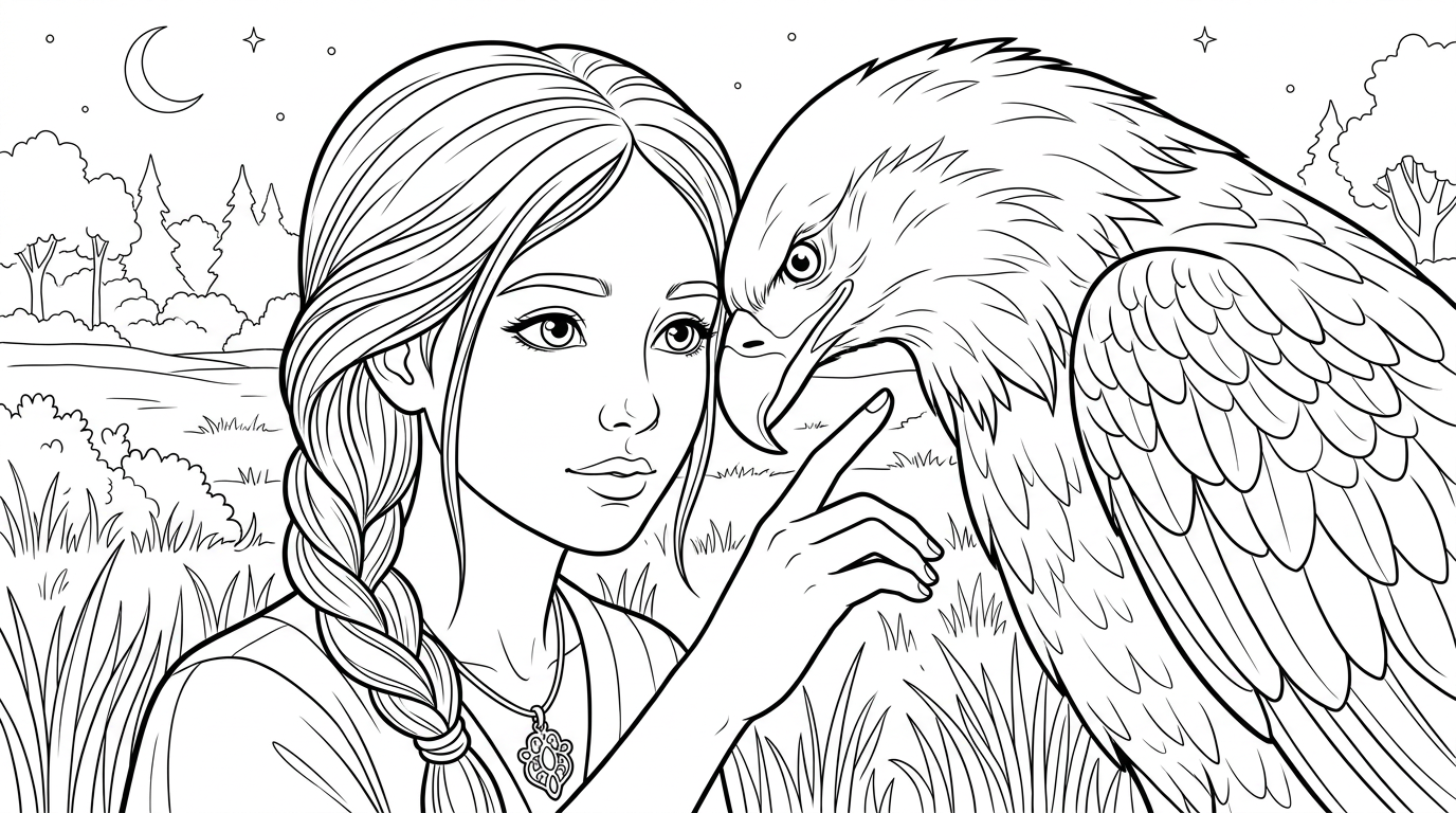 Coloring page from a mini story about a dove transformed into an eagle by a love arrow. – page 3