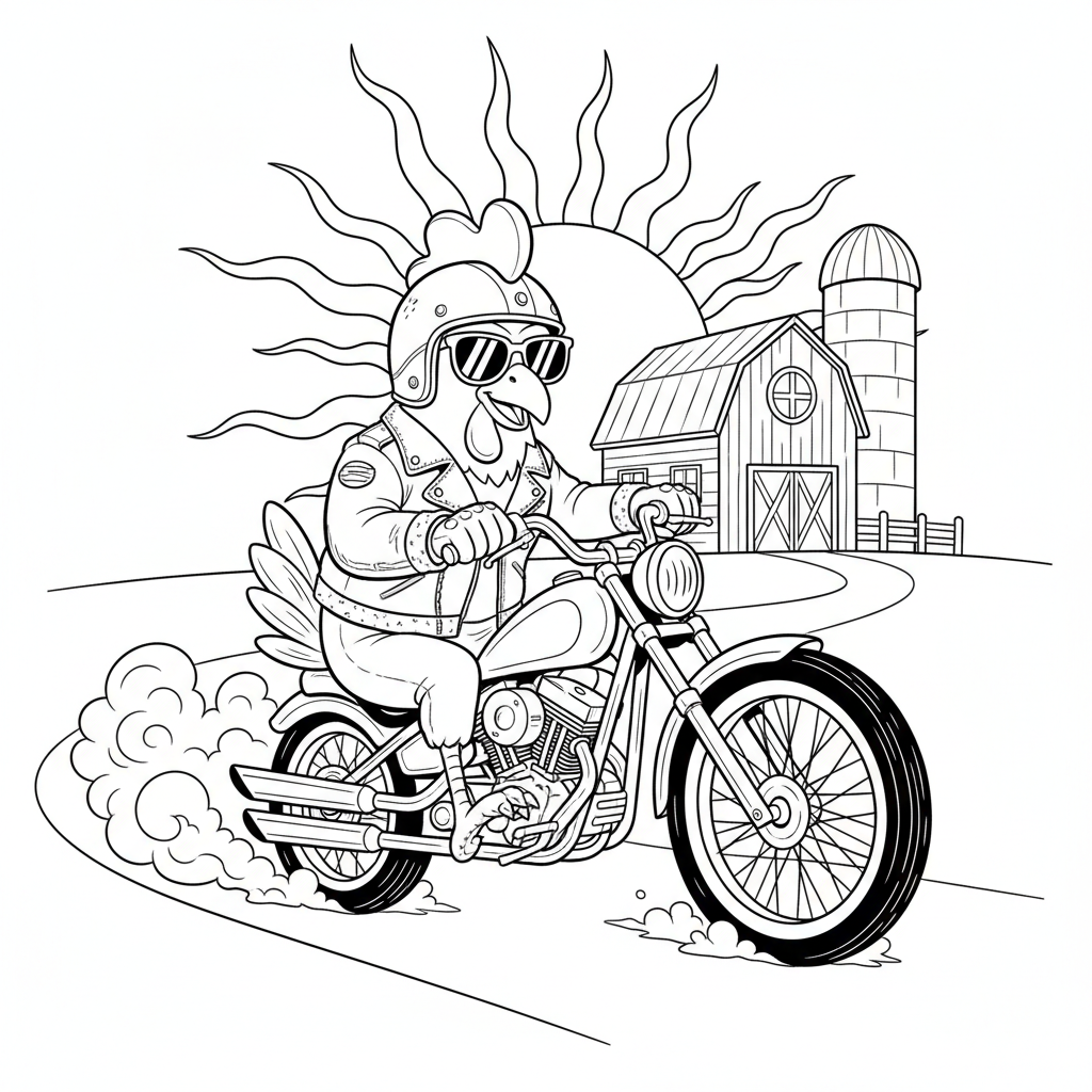 Coloring page from a mini story about a cool chicken riding a motorcycle on a country road.