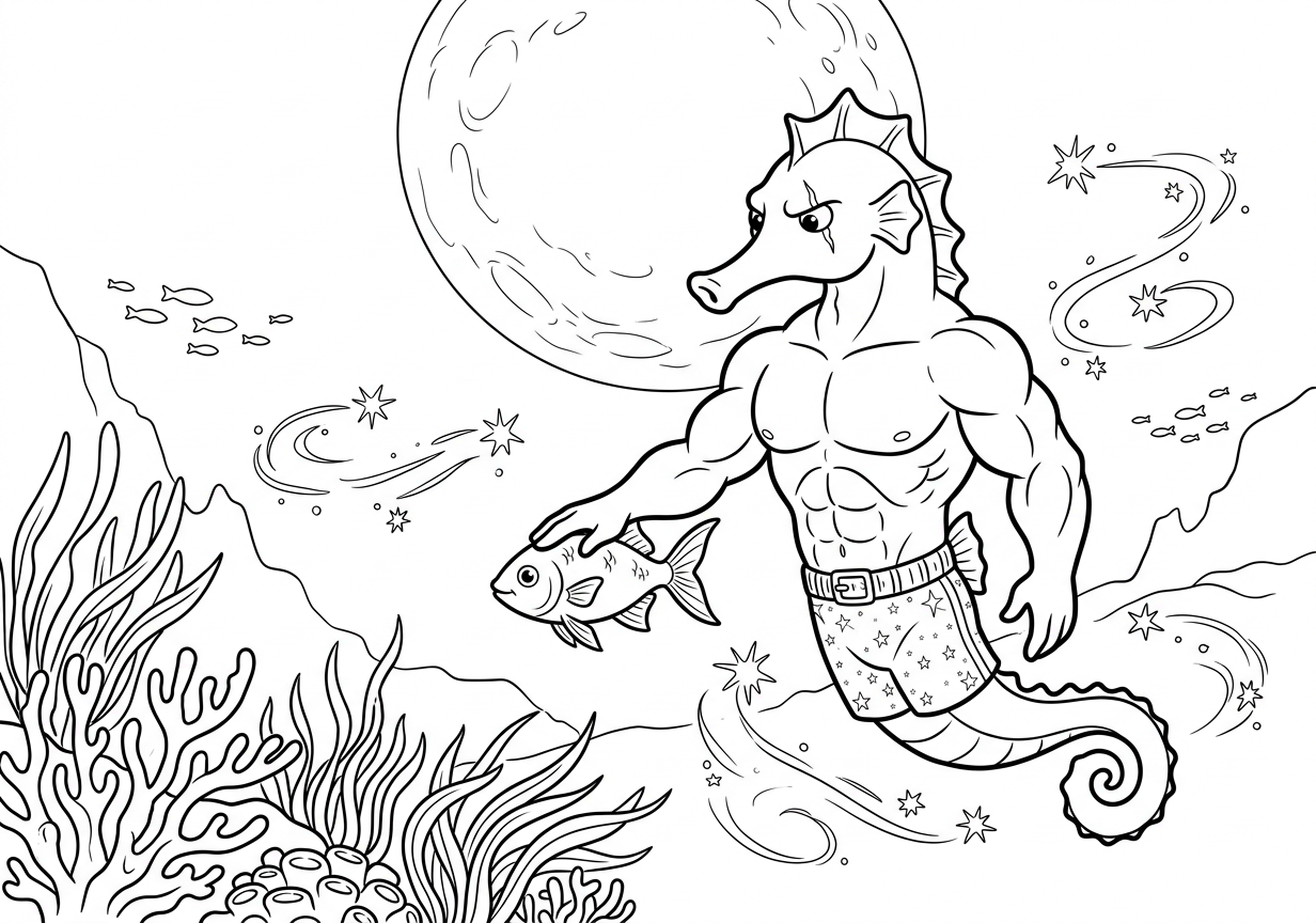 Coloring page from a mini story about a muscular seahorse bodybuilder winning the Mr. Universe contest. – page 4