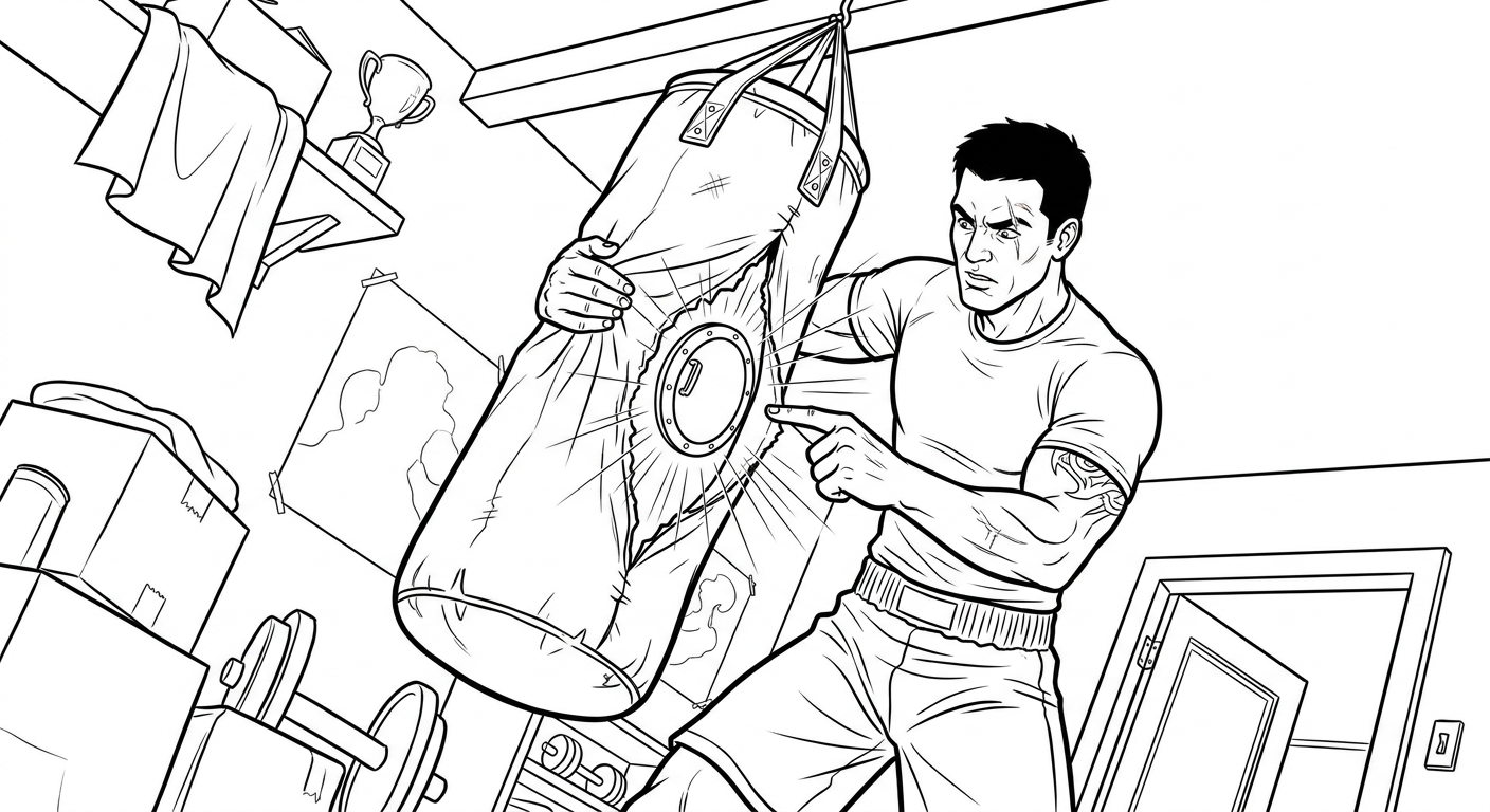 Coloring page from a mini story about a boxer who sees stars after a powerful punch. This boxing story is about the last round. – page 3