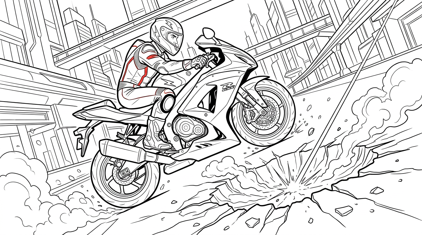 Coloring page from a mini story about a motorcycle rider doing a wheelie on the street. – page 3