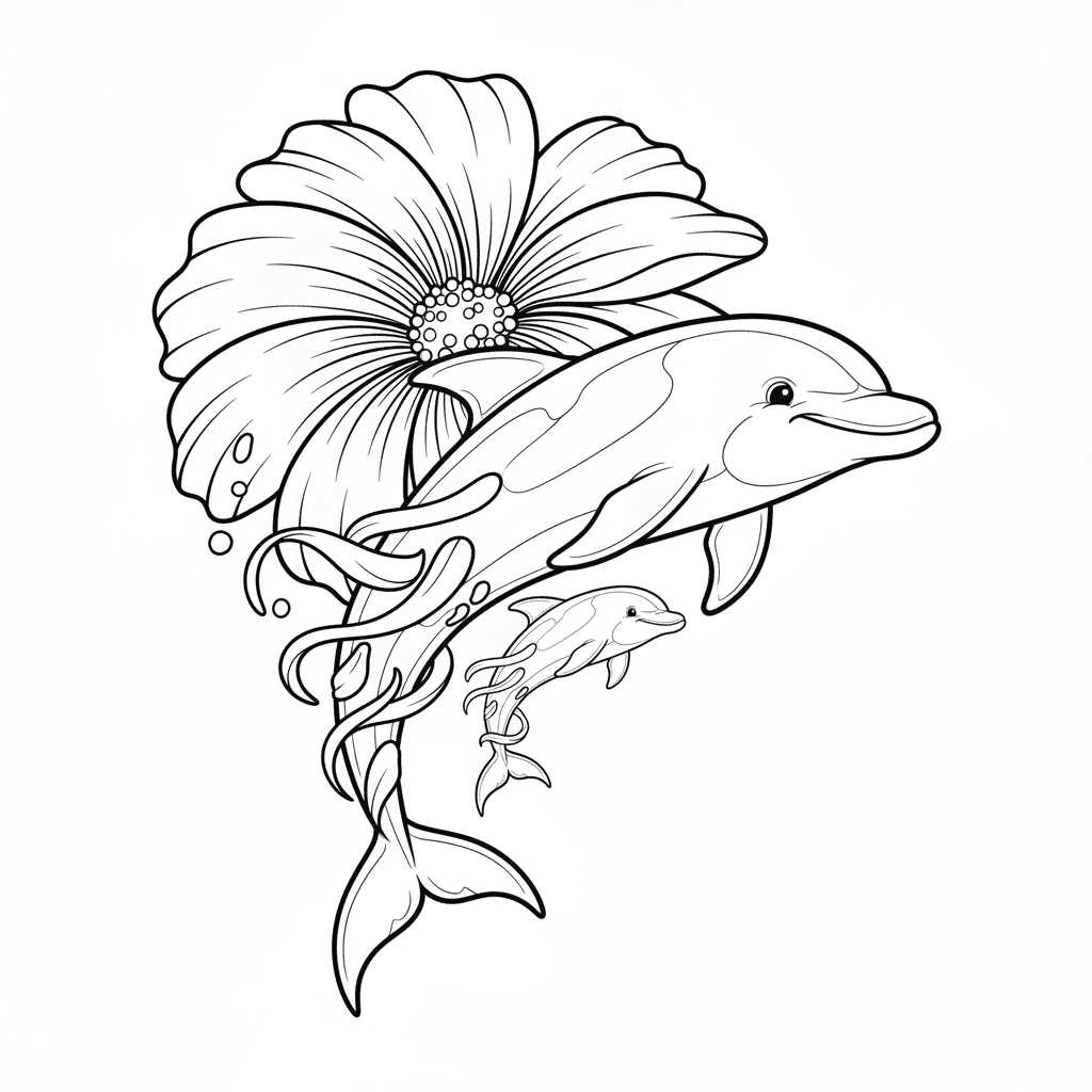 Coloring page of a flower exploding into a dolphin mother giving birth to a baby.