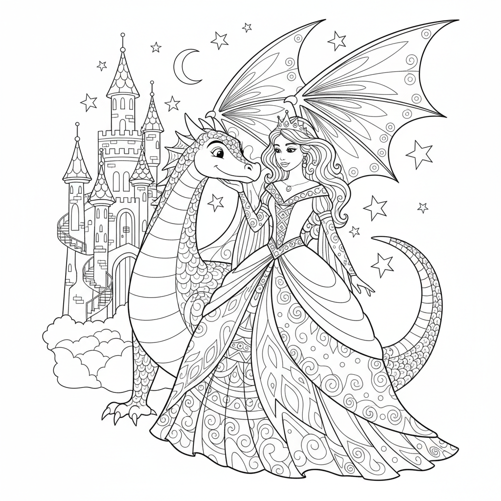 Eine Prinzessin mit einem freundlichen Drachen vor einem…