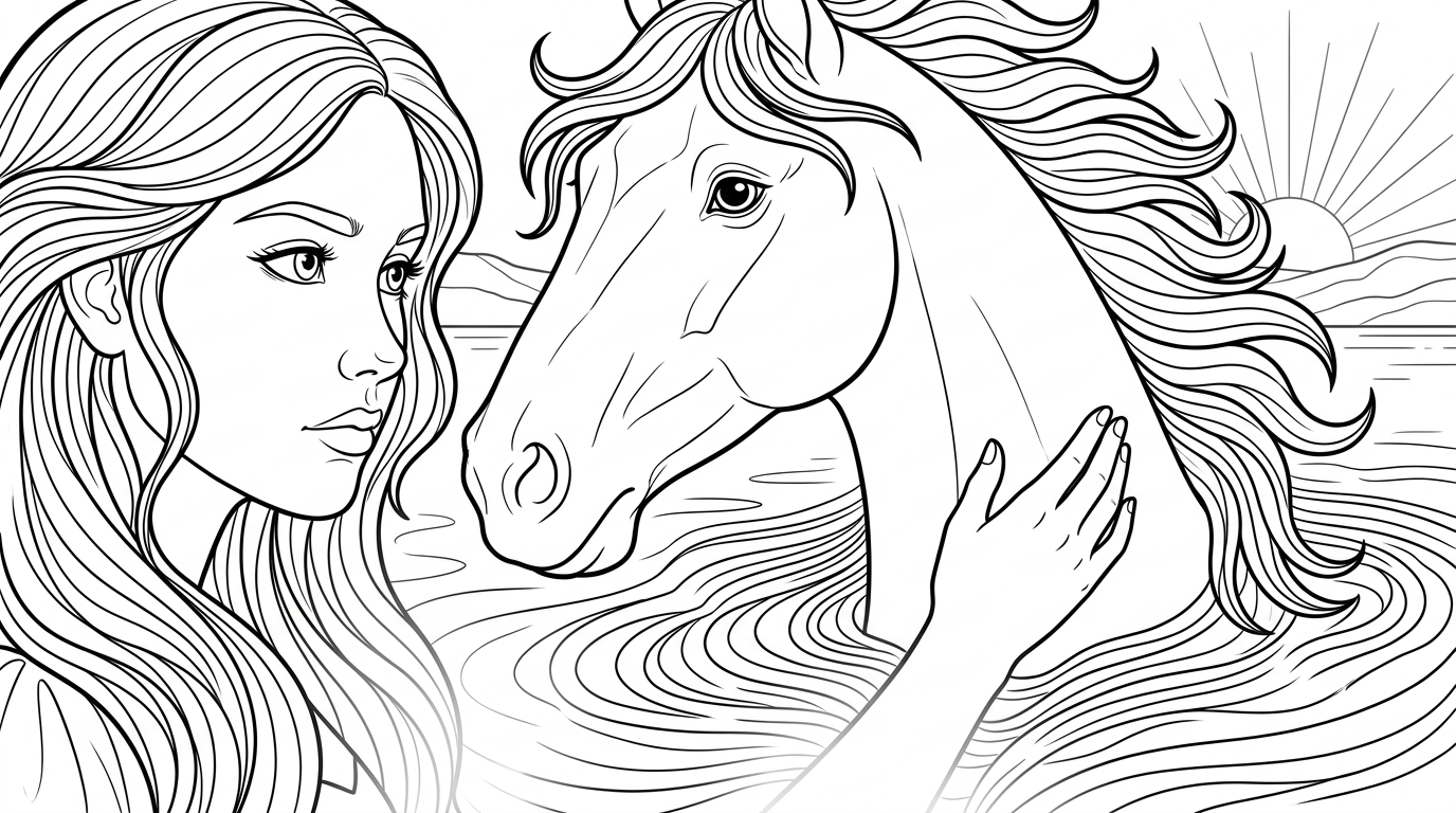 Coloring page from a mini story about a princess and a water horse in a lake. – page 3