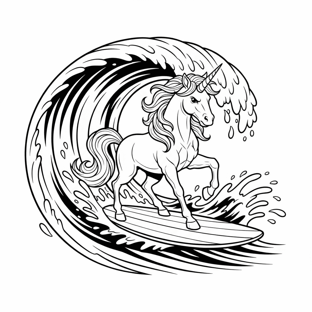 Ein majestätisches Einhorn surft auf einer großen Welle
