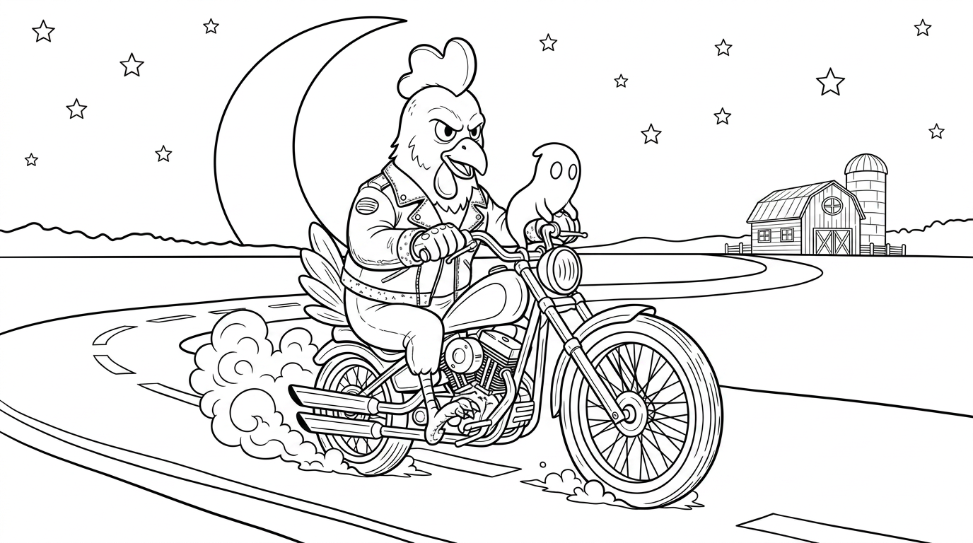 Coloring page from a mini story about a cool chicken riding a motorcycle on a country road. – page 4