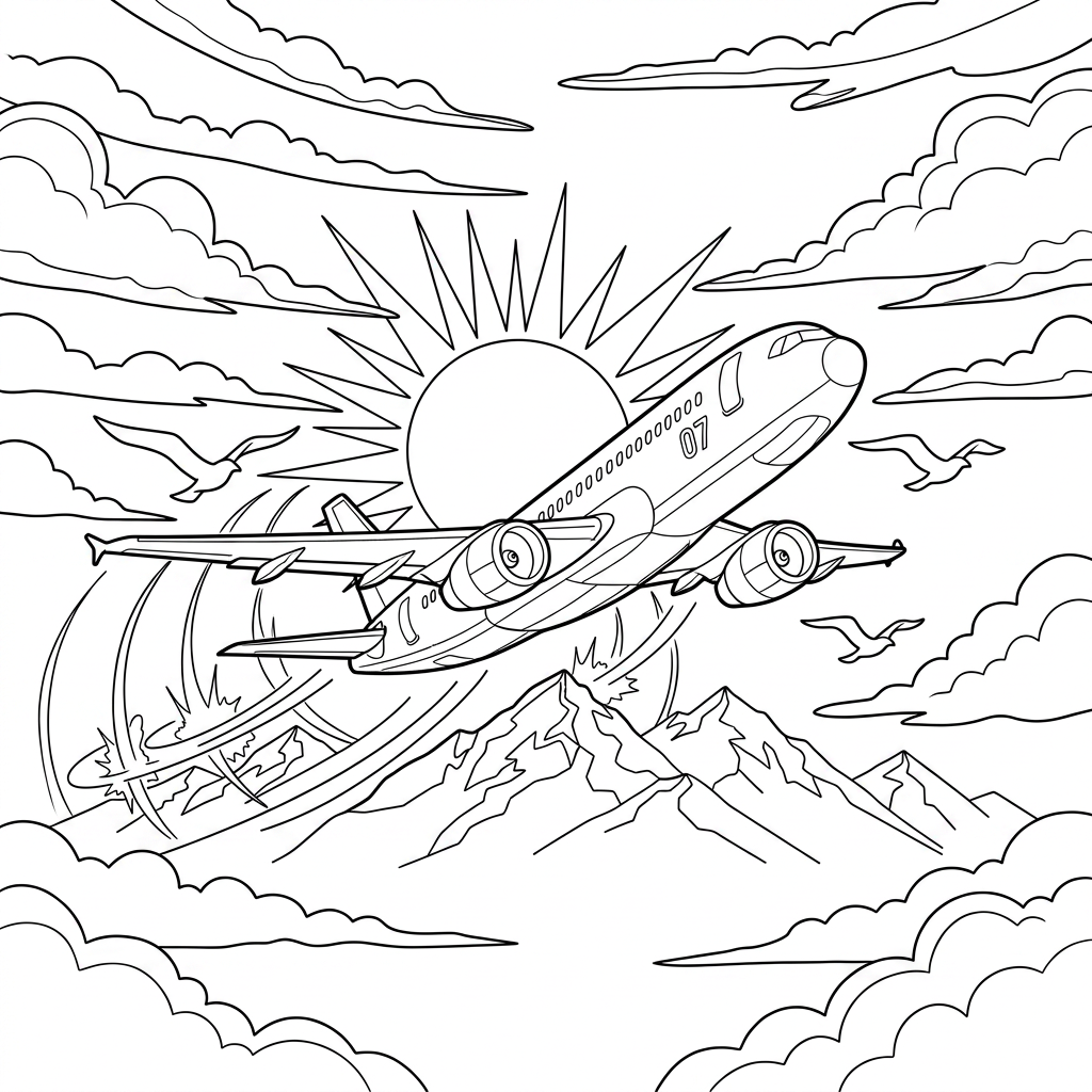 Coloring page from a mini story about a modern jet airplane taking off into the sunset. – page 4