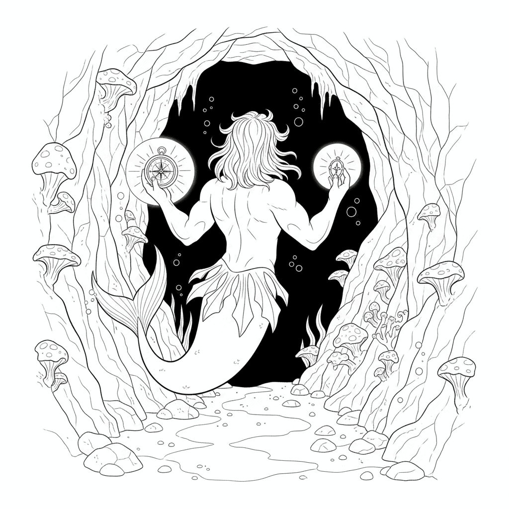 Coloring page from a mini story about a little merman searching for hidden treasure on the ocean floor. – page 2