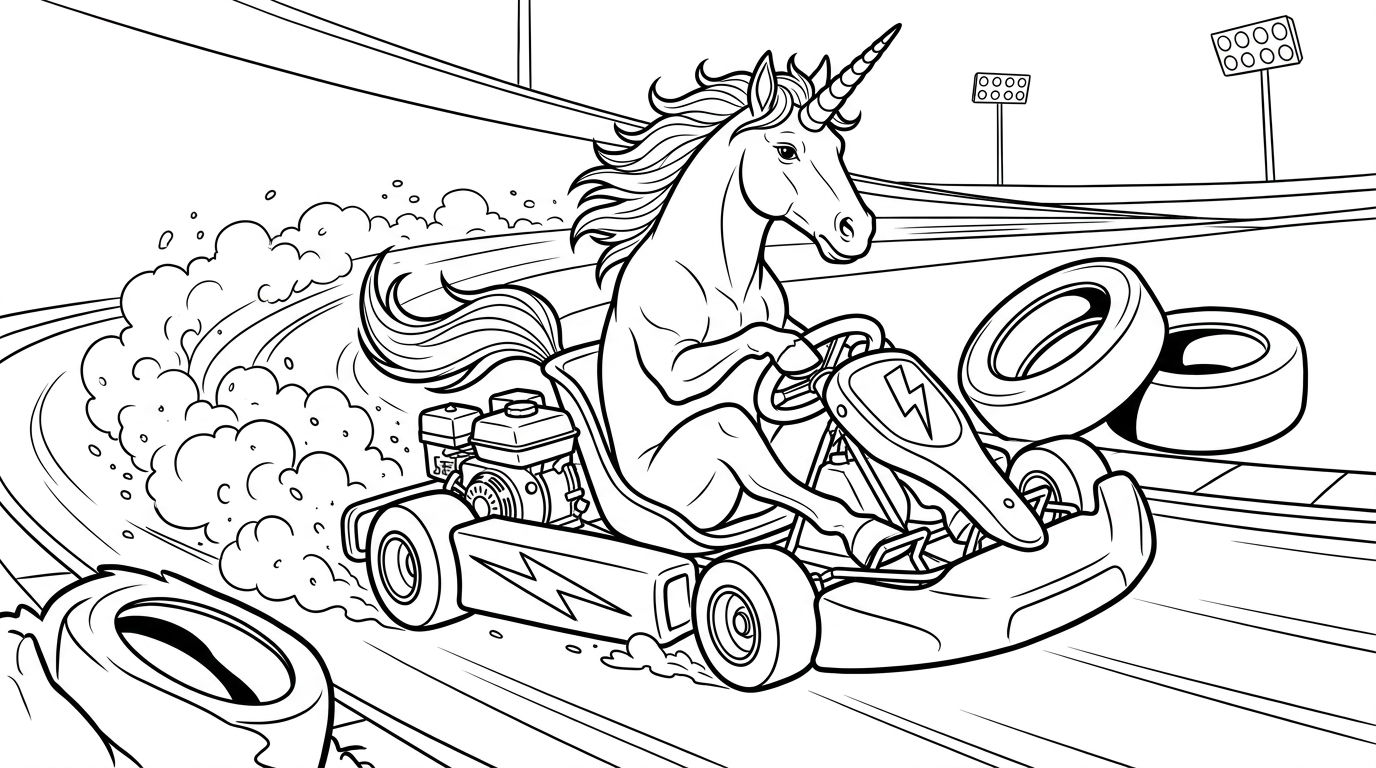 Coloring page from a mini story about a unicorn racing on a go-kart track. – page 4