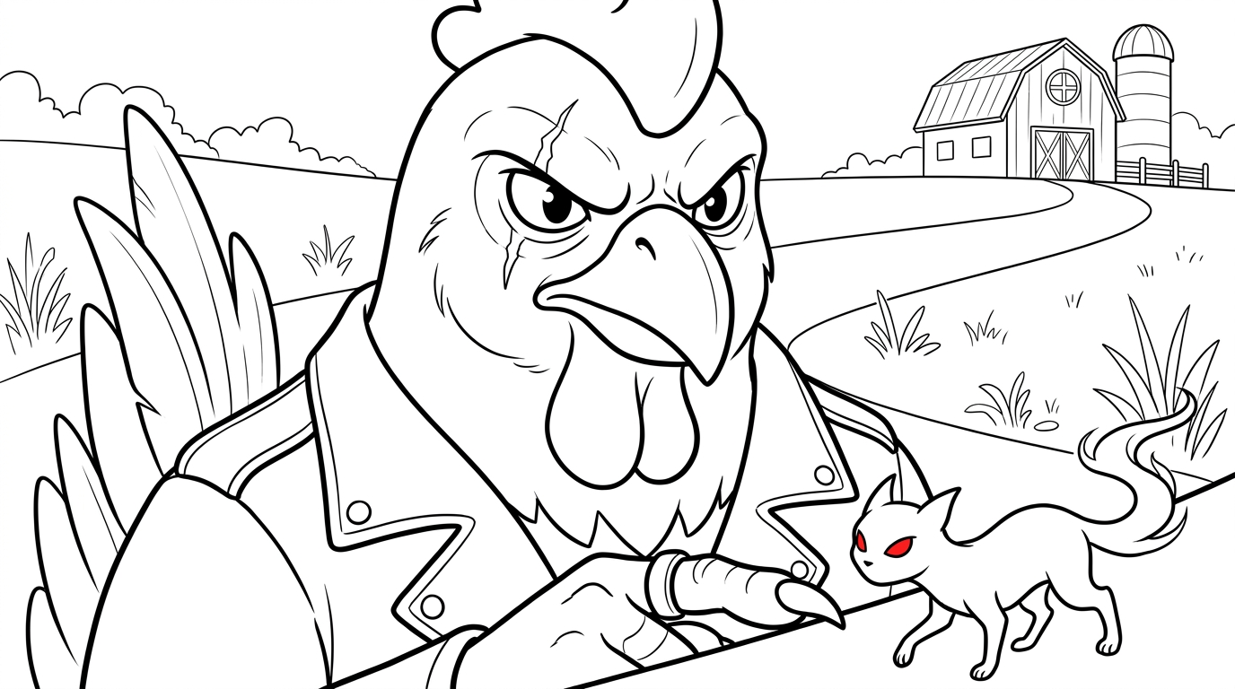 Coloring page from a mini story about a cool chicken riding a motorcycle on a country road. – page 3