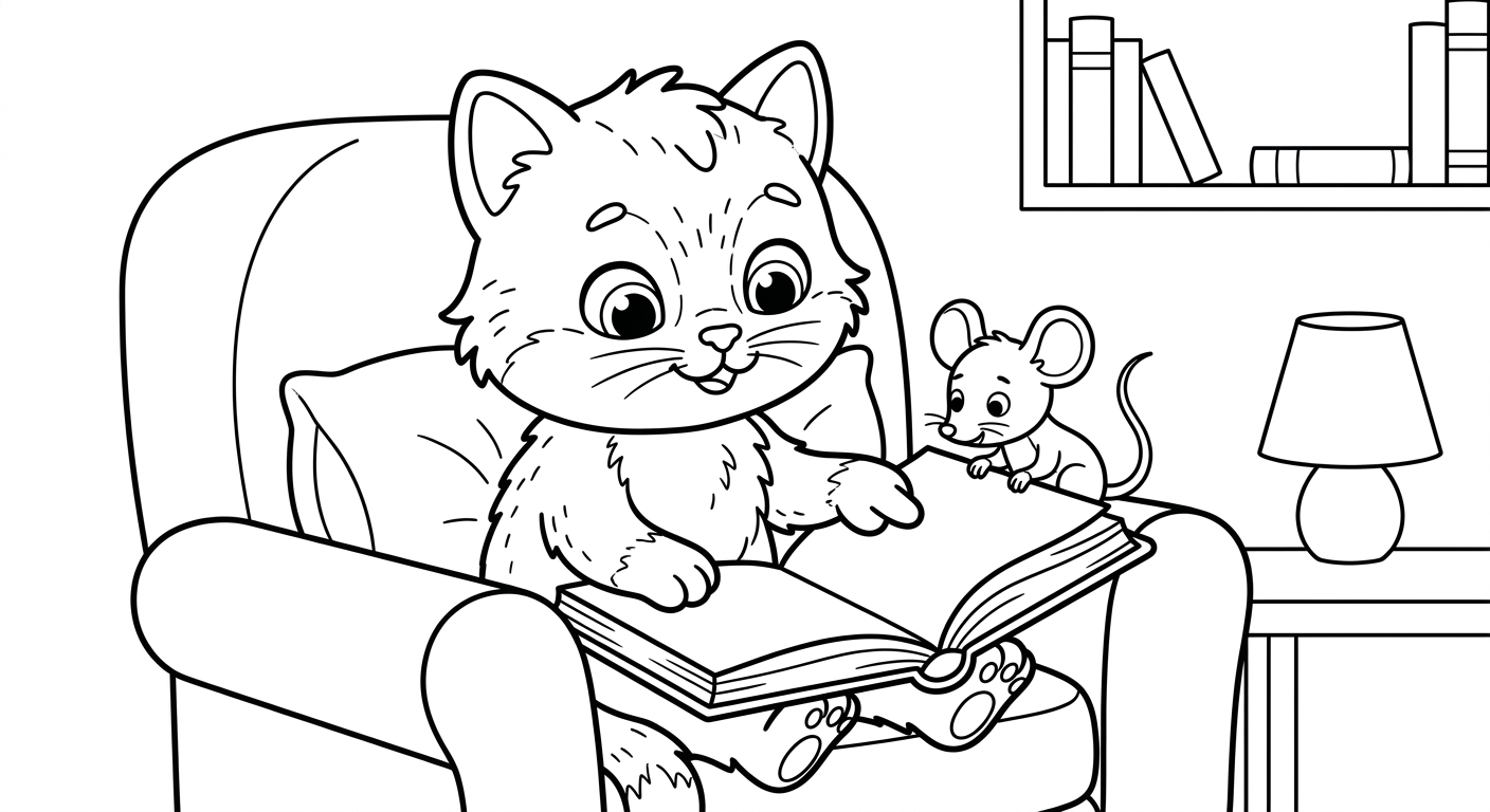 Coloring page from a mini story about a clever cat reading to a little mouse.