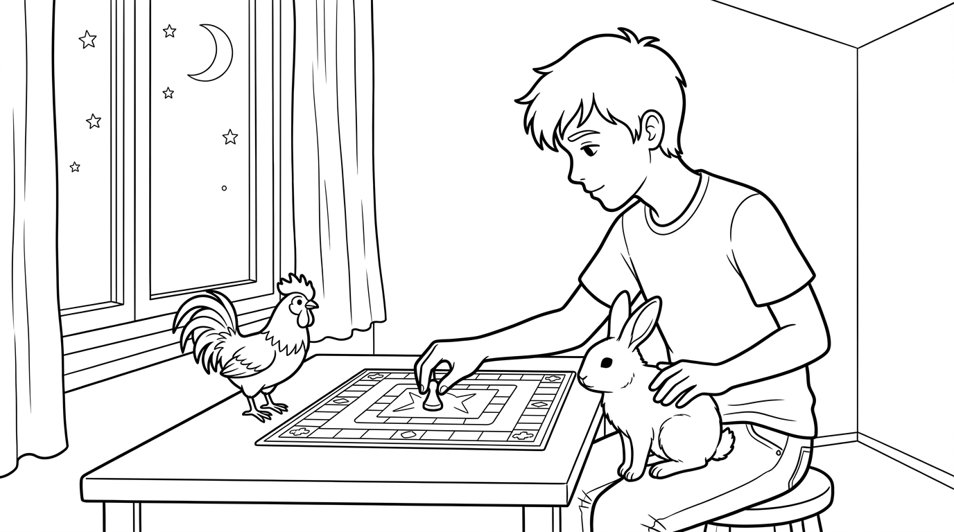 Coloring page from a mini story about a rabbit and a rooster playing a board game in a cozy room. – page 4