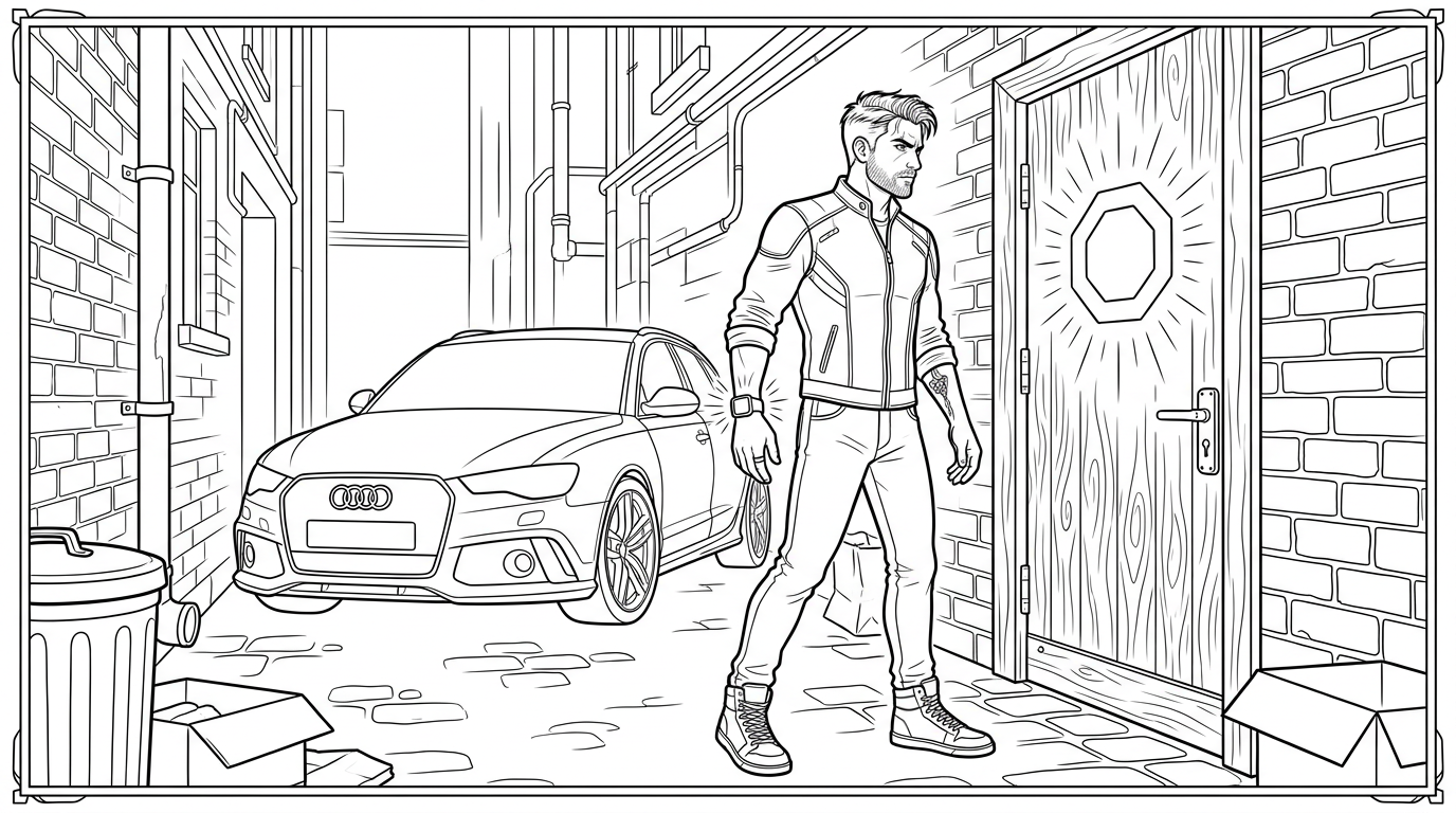 Coloring page from a mini story about a speeding Audi RS6 on city streets, featuring a driver navigating urban roads. – page 4
