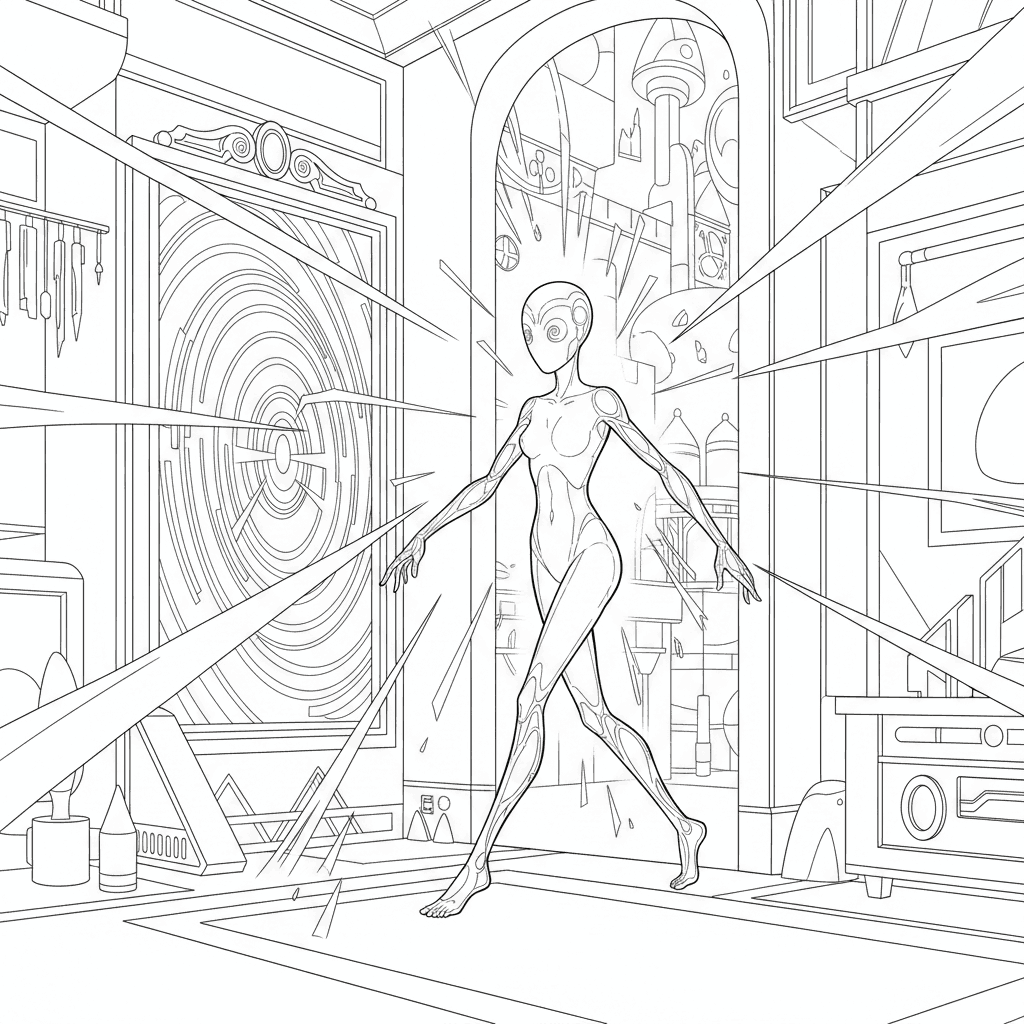 Coloring page from a mini story about a data doll looking into a mirror. – page 4