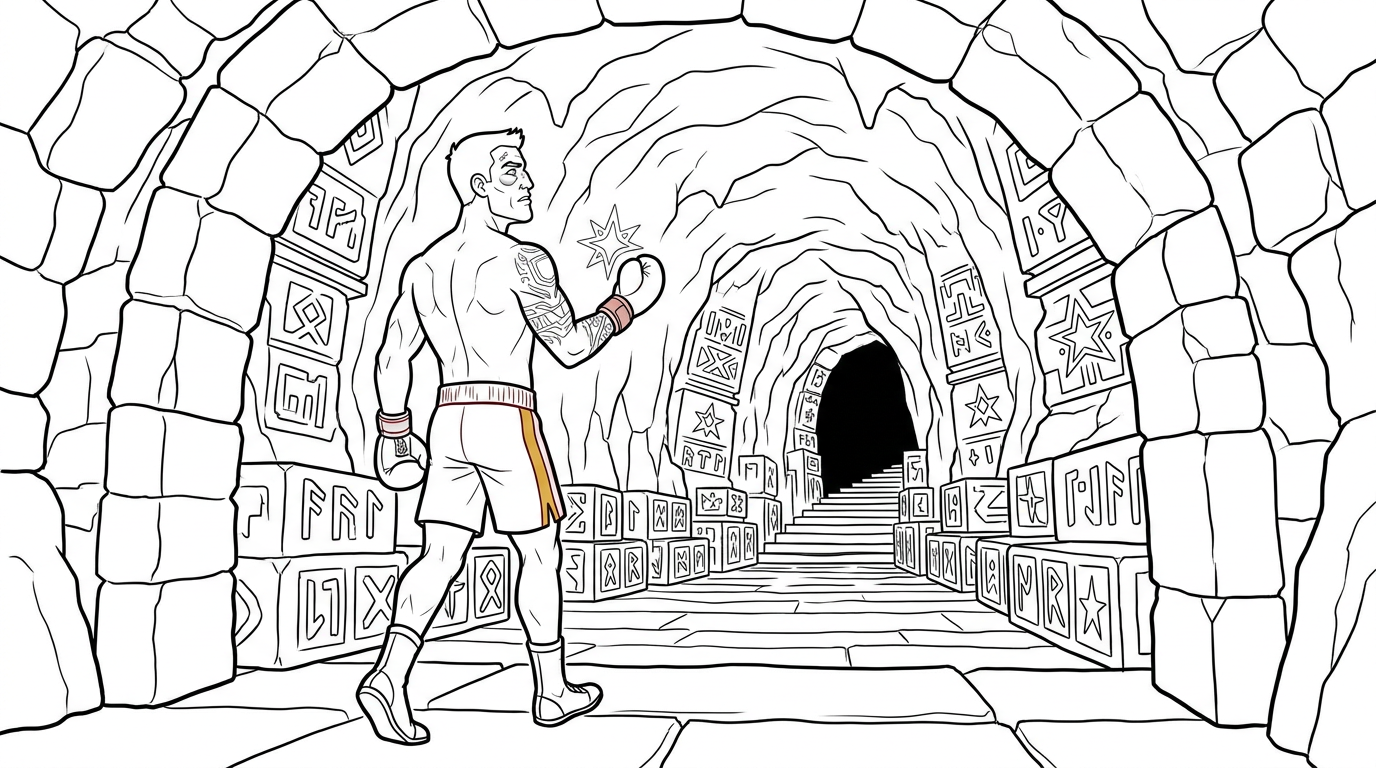 Coloring page from a mini story about a boxer who sees stars after a powerful punch. This boxing story is about the last round. – page 4