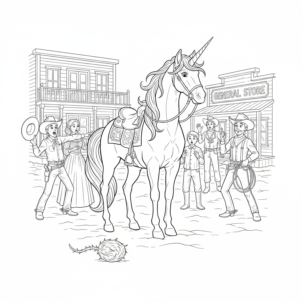 Coloring page from a mini story about the last unicorn of the Wild West and a brave cowgirl.