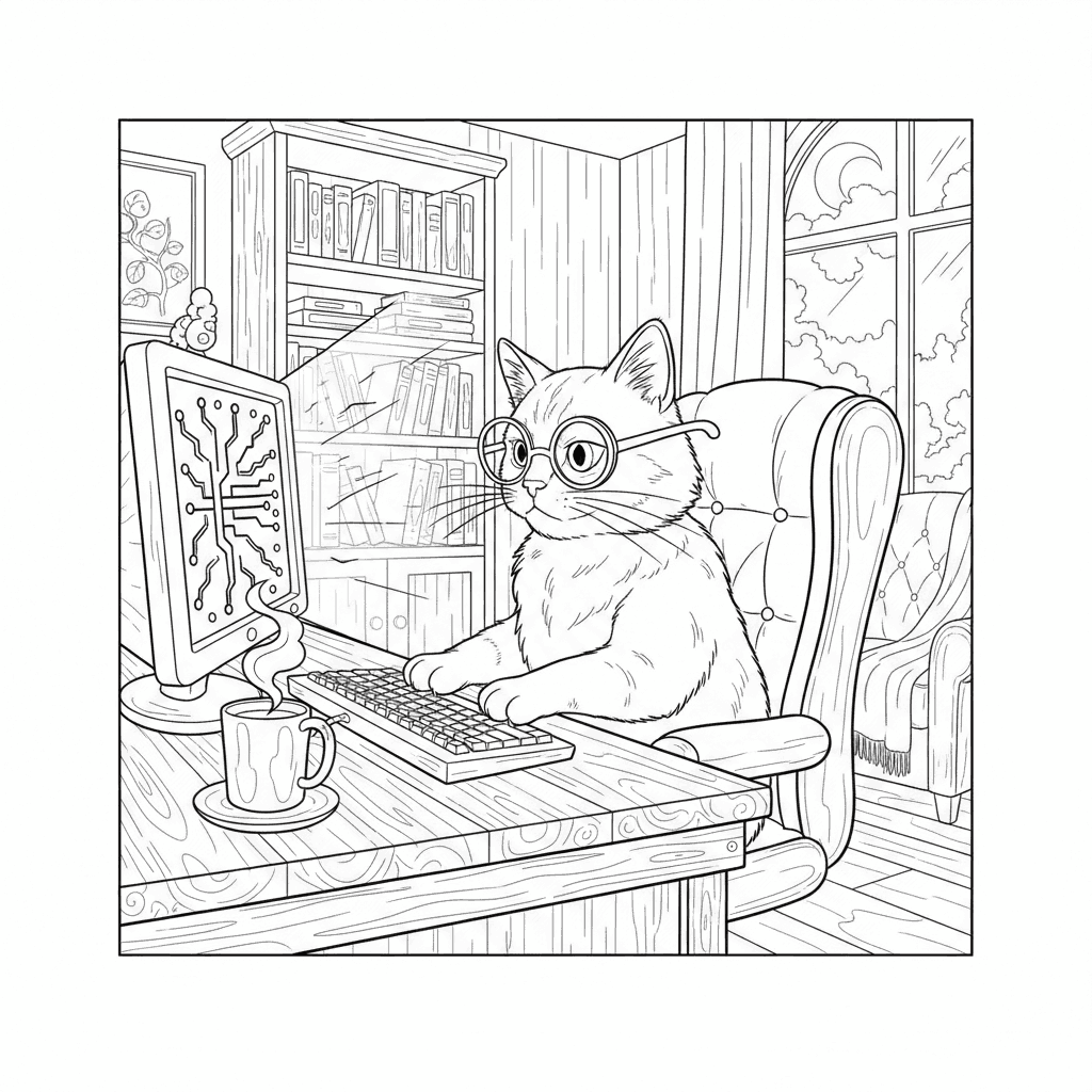 Eine Katze programmiert nachts eine Katzen-KI