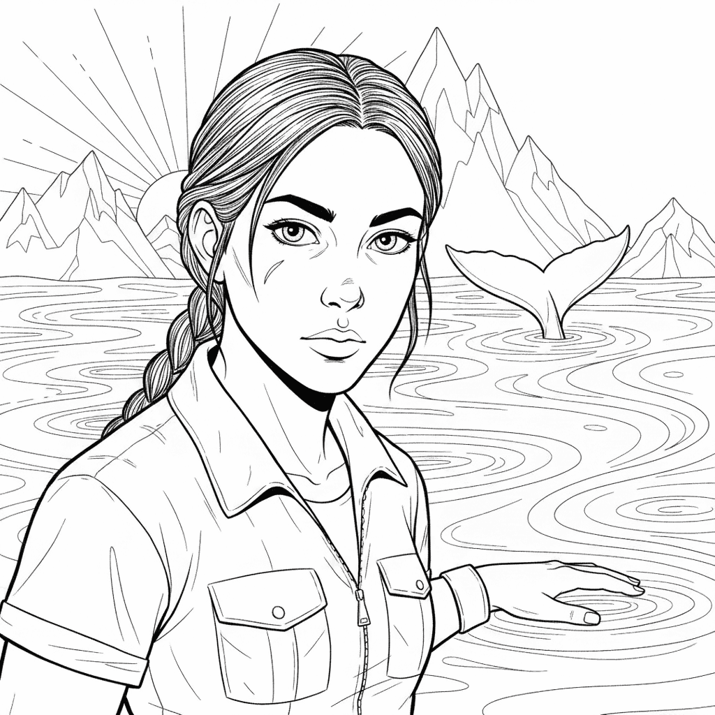 Coloring page from a mini story about a majestic blue whale swimming in a lake of liquid gold. – page 3