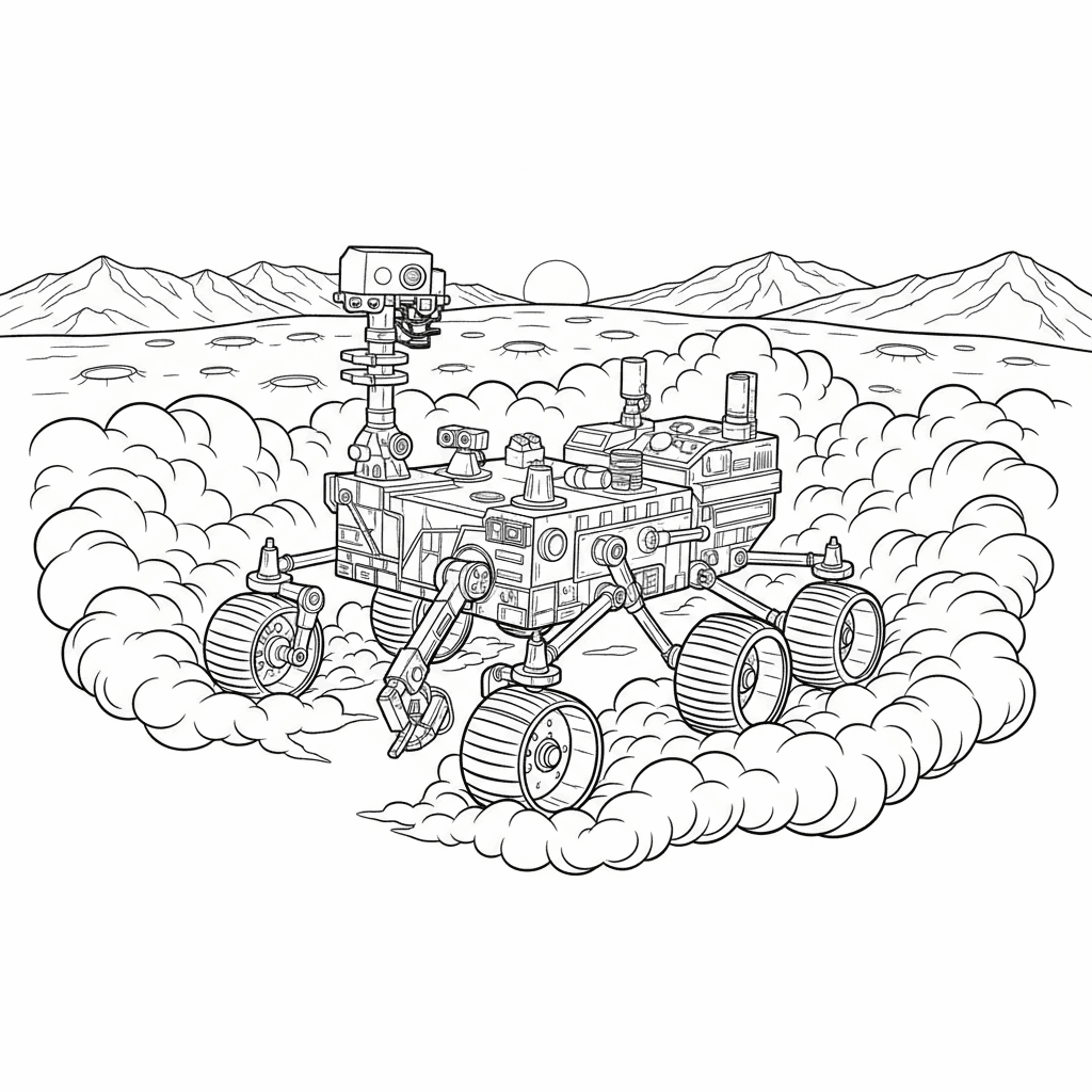Malvorlage: Ein Marsrover landet sanft auf dem roten Planeten