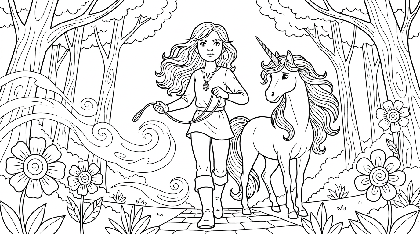 Coloring page from a mini story about two children riding a majestic unicorn through an enchanted forest. – page 3