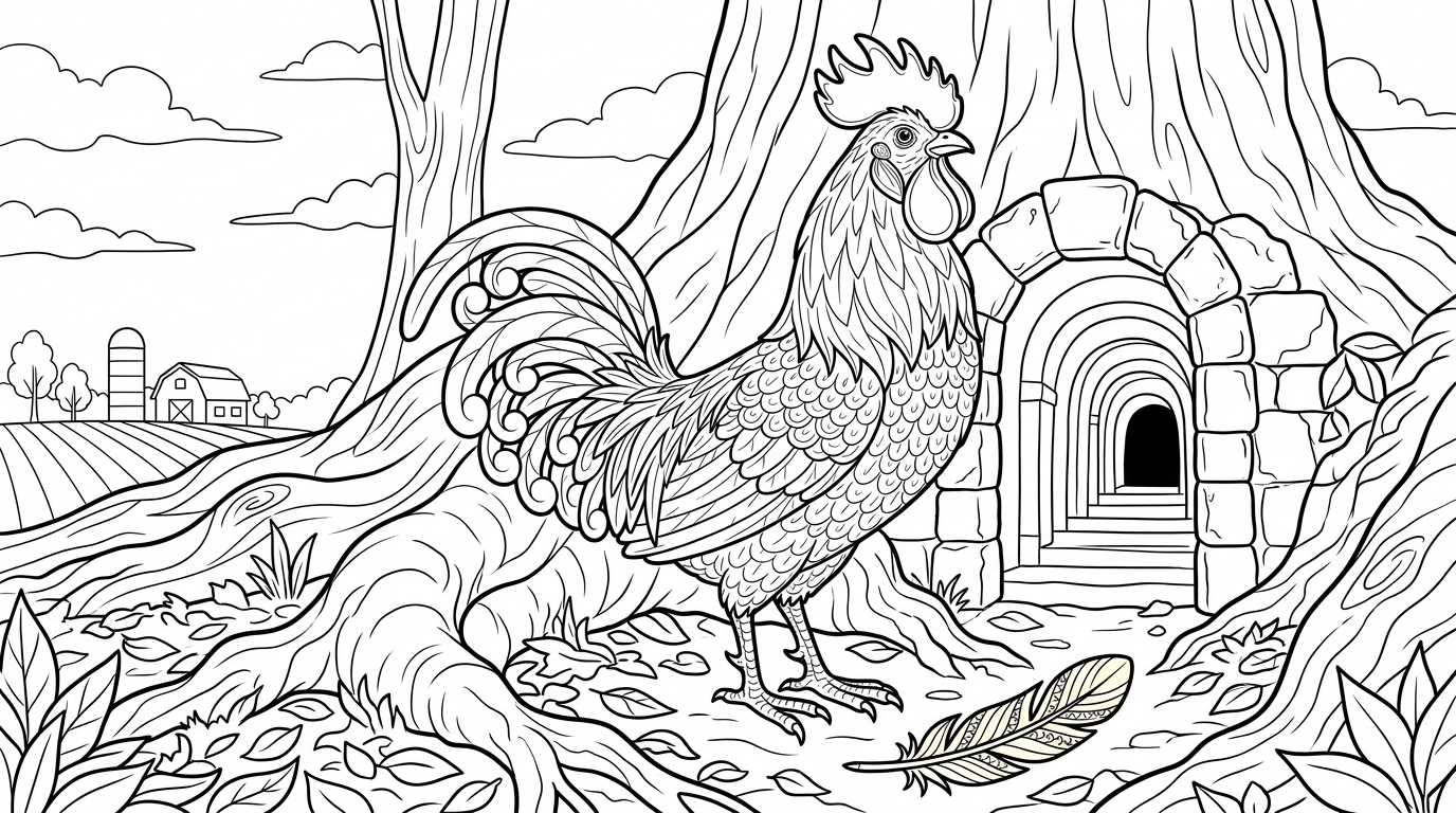 Coloring page from a mini story about a proud rooster looking over a field. – page 3