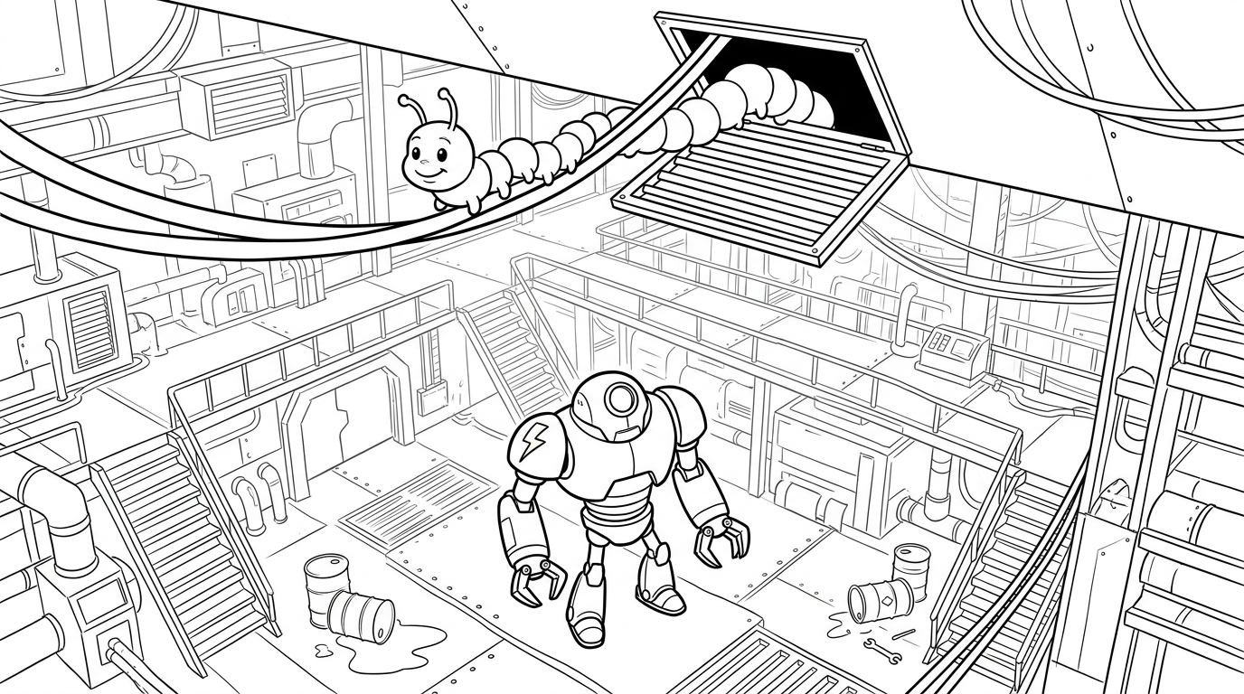 Coloring page from a mini story about a hungry caterpillar eating through different foods and meeting a robot. – page 4