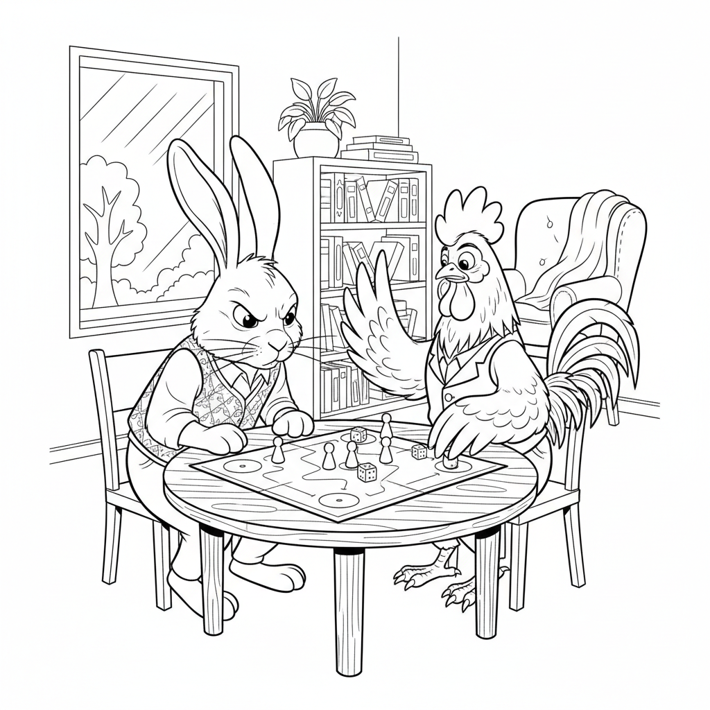 Coloring page from a mini story about a rabbit and a rooster playing a board game in a cozy room.