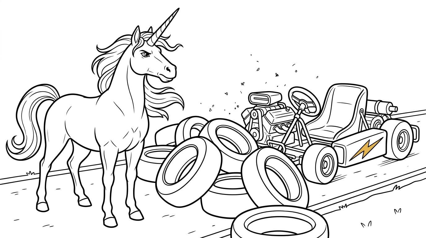 Coloring page from a mini story about a unicorn racing on a go-kart track. – page 2