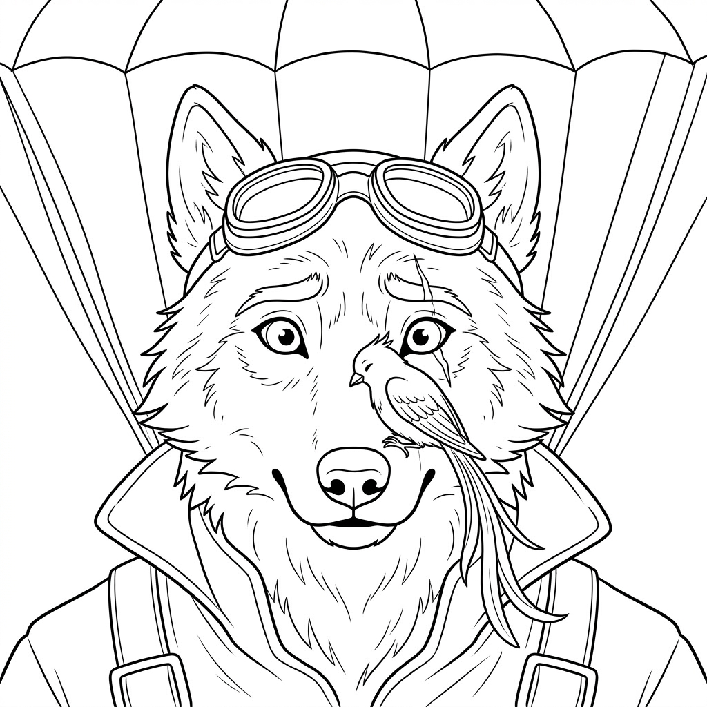 Coloring page from a mini story about a brave wolf parachuting over a town. – page 3