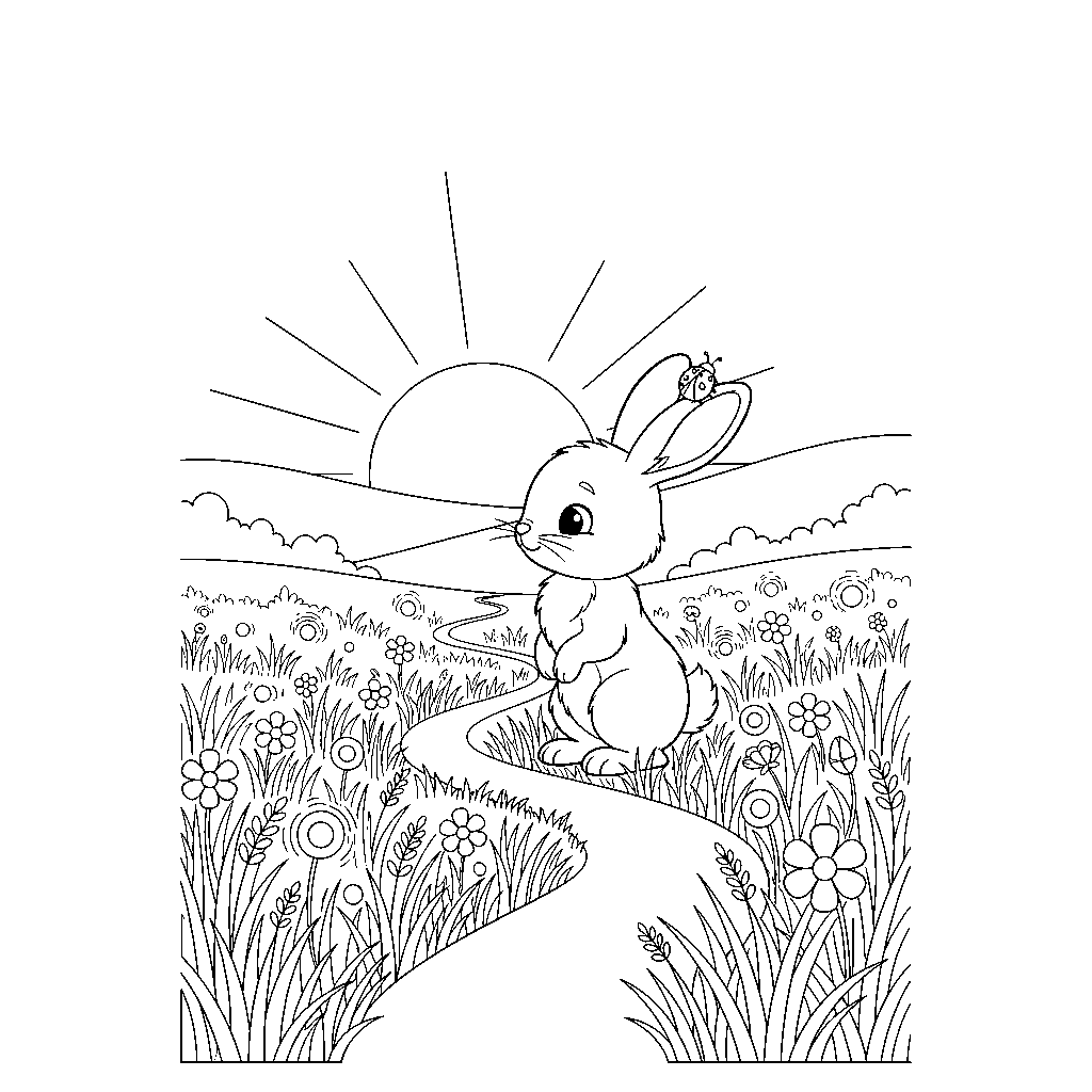 Coloring page from a mini story about a little bunny playing the ukulele for a dancing ladybug. – page 4