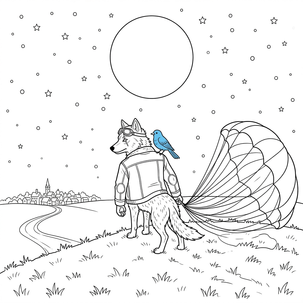 Coloring page from a mini story about a brave wolf parachuting over a town. – page 4