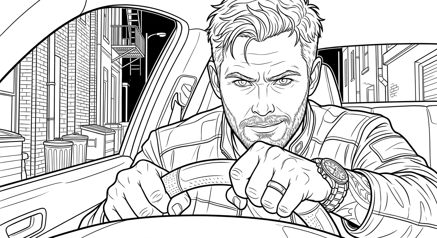 Coloring page from a mini story about a speeding Audi RS6 on city streets, featuring a driver navigating urban roads. – page 3