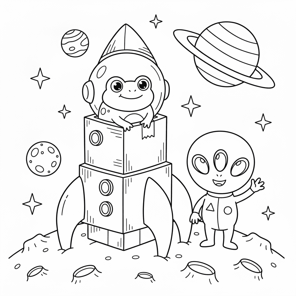 Coloring page from a mini story about a little frog flying a cardboard rocket to the moon and meeting an alien. – page 4