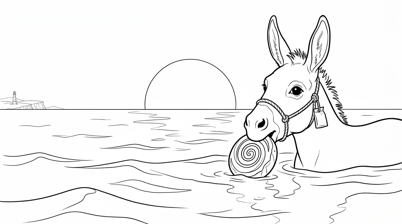 Coloring page from a mini story about a determined donkey swimming the English Channel. – page 4