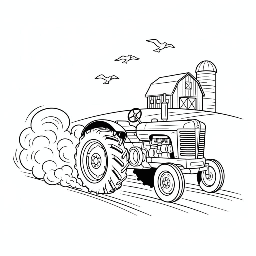 Coloring page of a tractor driving on a dirt road.