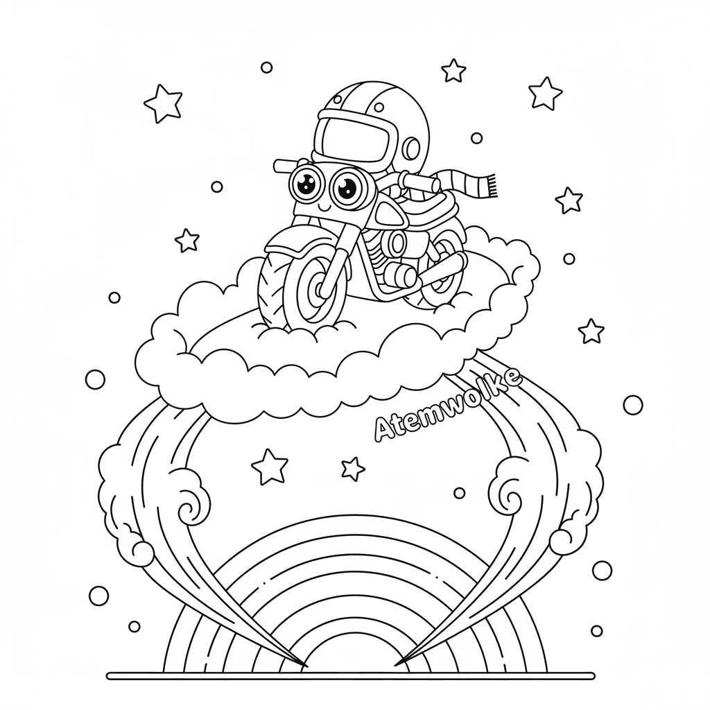 Coloring page from a mini story about a happy motorcycle wearing a helmet and riding on a cloud road. – page 4