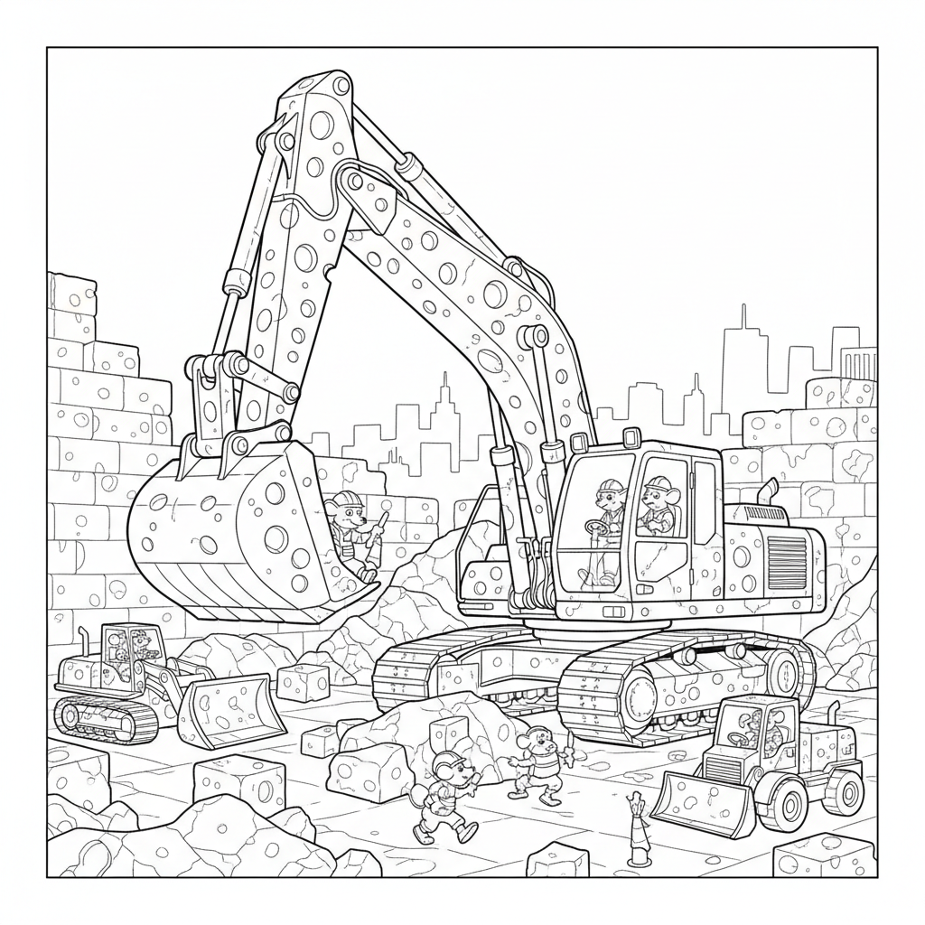 Coloring page from a mini story about a cheese digger toy and mouse construction workers.