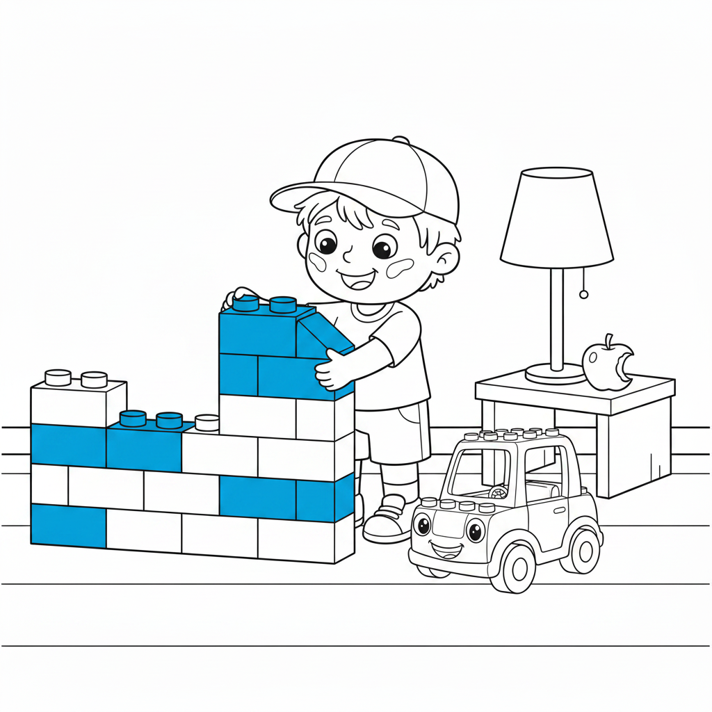 Coloring page from a mini story about a Lego car crashing into a wall – page 4