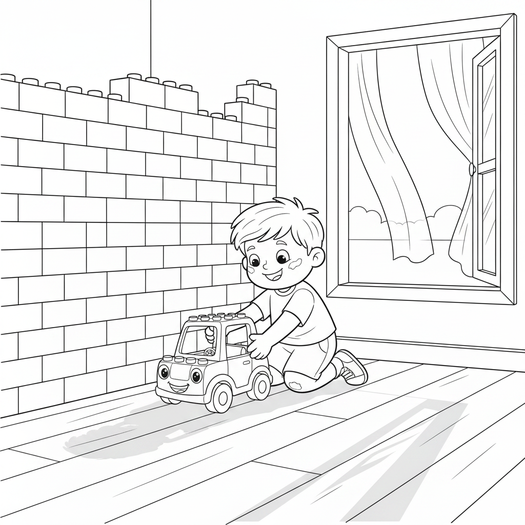 Coloring page from a mini story about a Lego car crashing into a wall – page 5