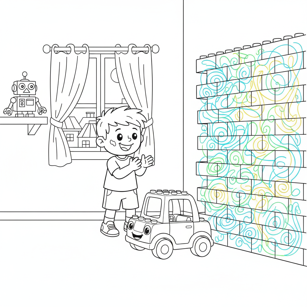 Coloring page from a mini story about a Lego car crashing into a wall – page 6