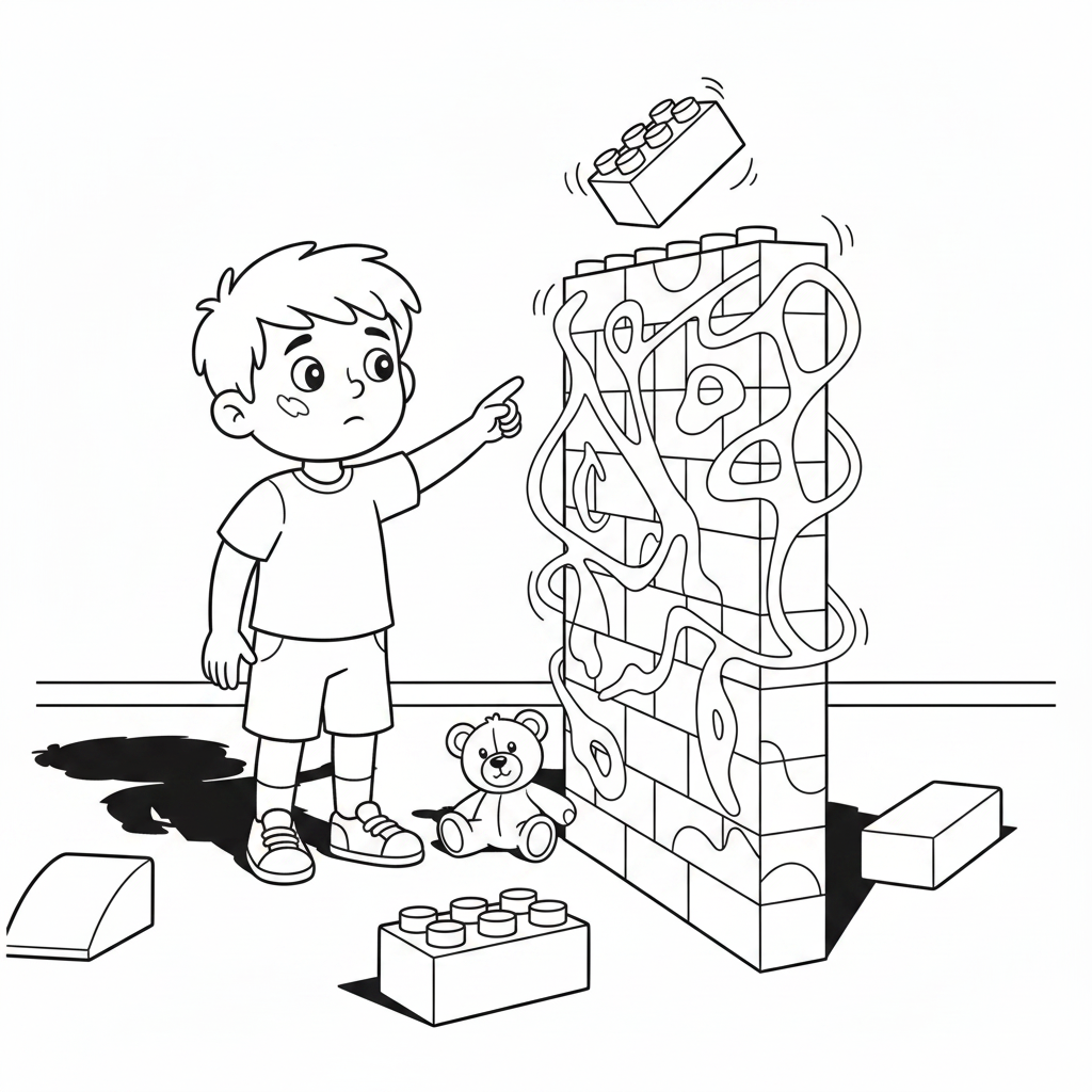 Coloring page from a mini story about a Lego car crashing into a wall – page 7