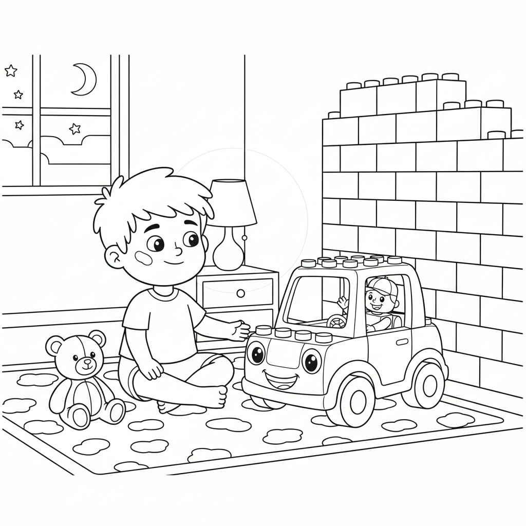 Coloring page from a mini story about a Lego car crashing into a wall – page 9