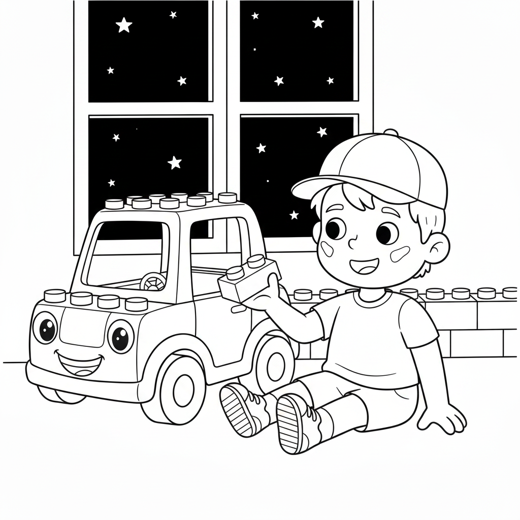 Coloring page from a mini story about a Lego car crashing into a wall – page 10