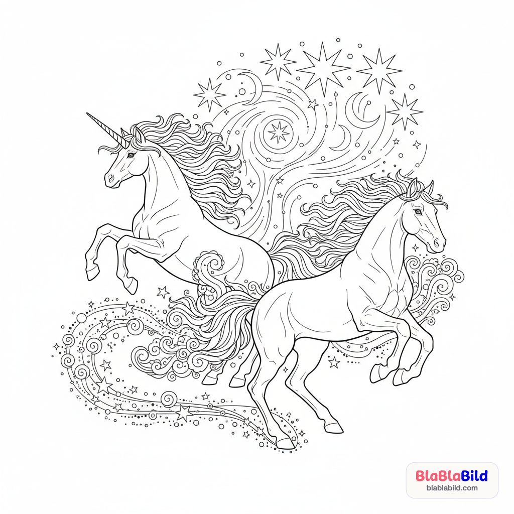 Ein Einhorn und ein Pferd fliegen um die Wette zum Sterne…