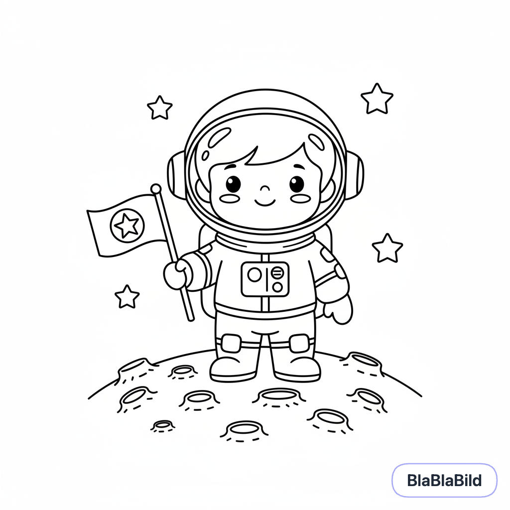 Ein fröhlicher Astronaut auf dem Mond mit einer Flagge