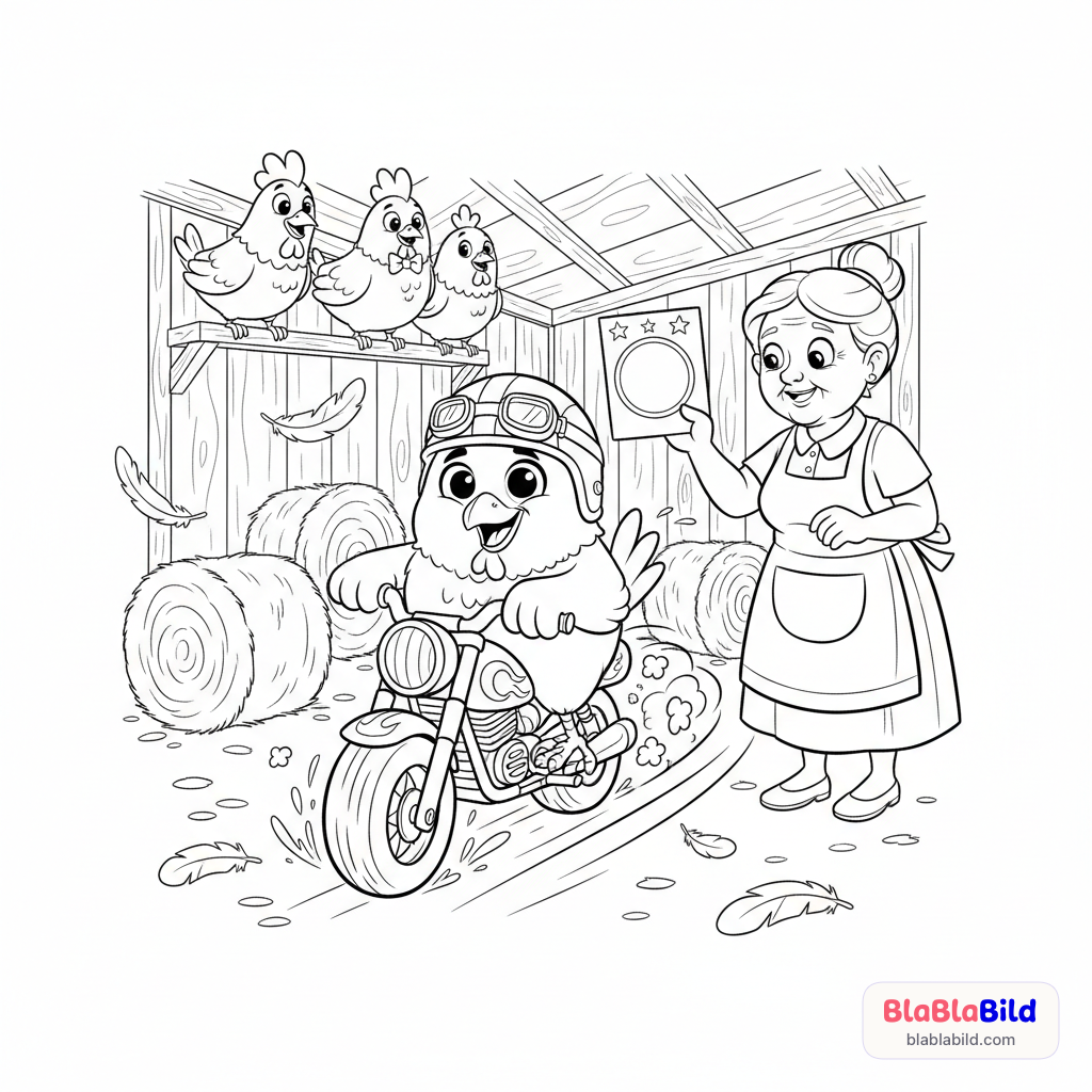 Coloring page of a friendly chicken riding a motorcycle in a coop while a grandma gives points.
