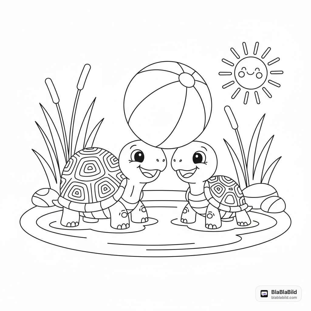 Coloring page of two turtles playing with a ball in a lake.