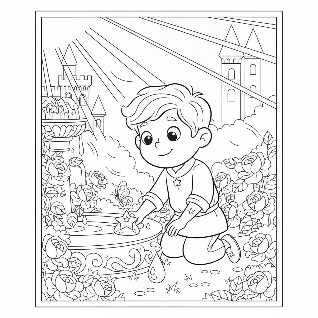 Coloring page from a mini story about Prince Leo and the shooting star. Coloring page of the prince trapped by the evil grandmother in a castle. – page 3