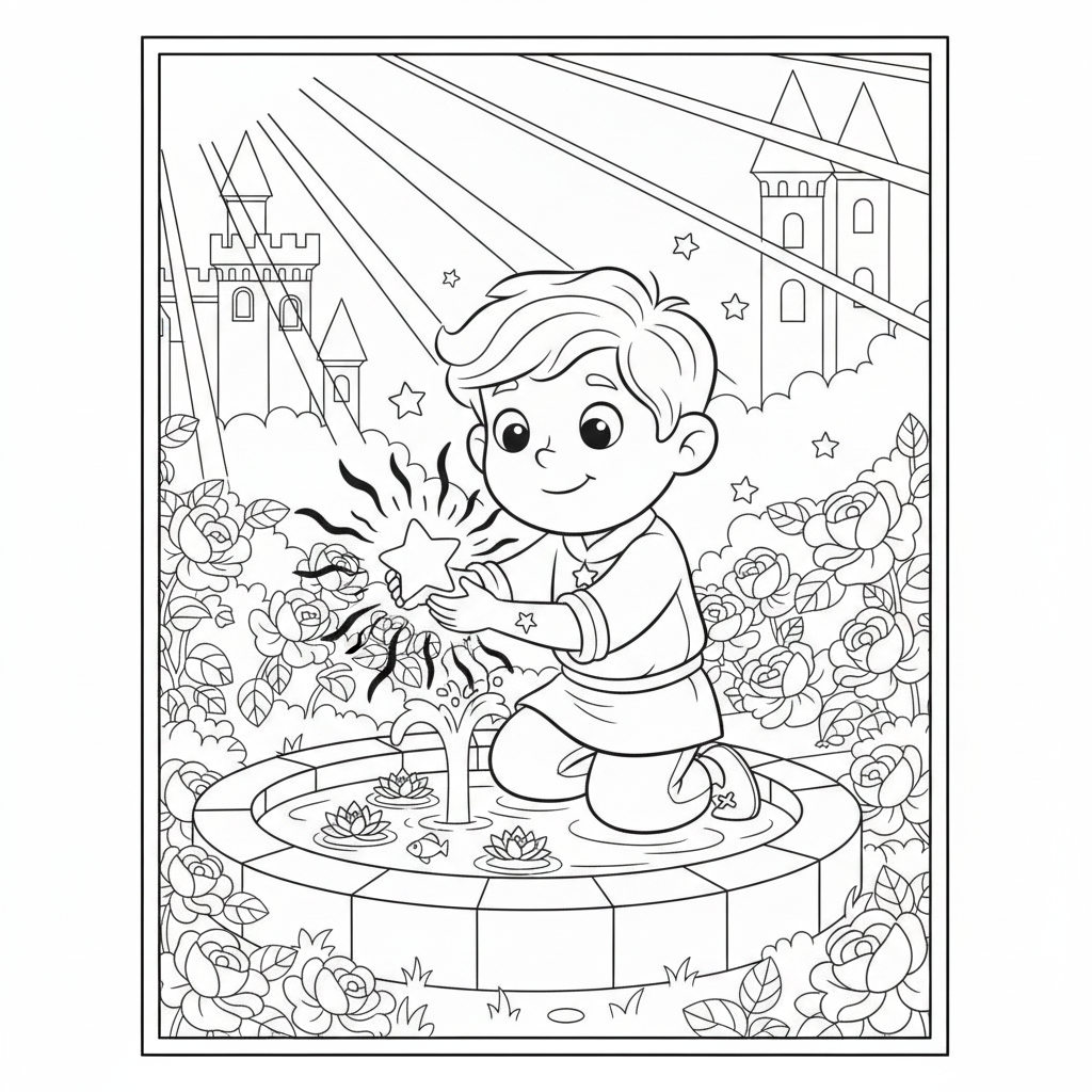 Coloring page from a mini story about Prince Leo and the shooting star. Coloring page of the prince trapped by the evil grandmother in a castle. – page 4