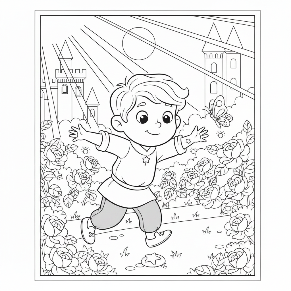 Coloring page from a mini story about Prince Leo and the shooting star. Coloring page of the prince trapped by the evil grandmother in a castle. – page 9